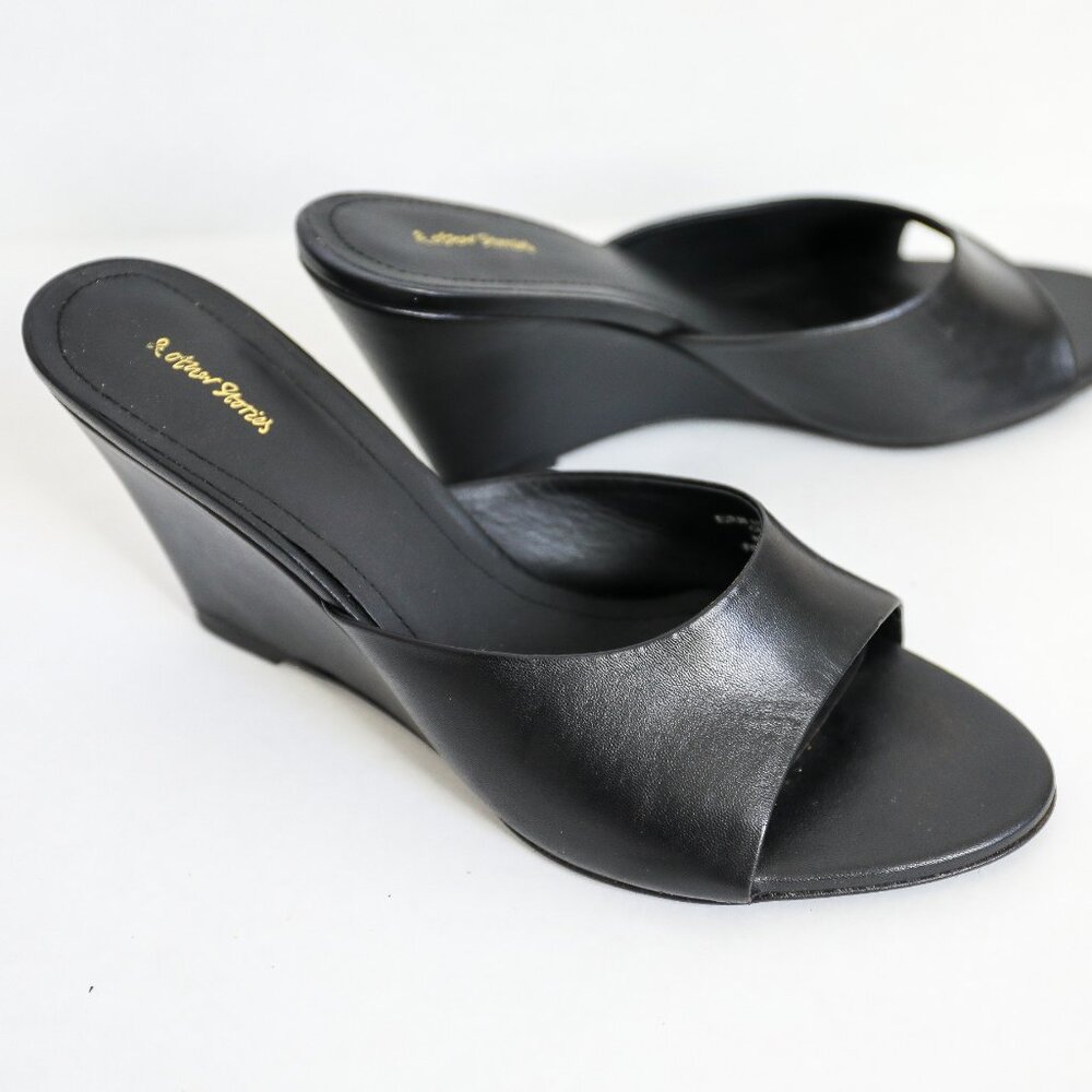 & Other Stories Black Open Toe Wedge Heel Elegant Evening Party Heels Size 7.5